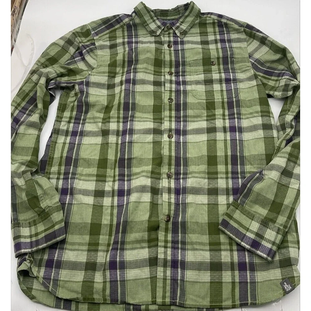The North Face Button Down Shirt Mens Large Green Plaid TNF Hiking Camping